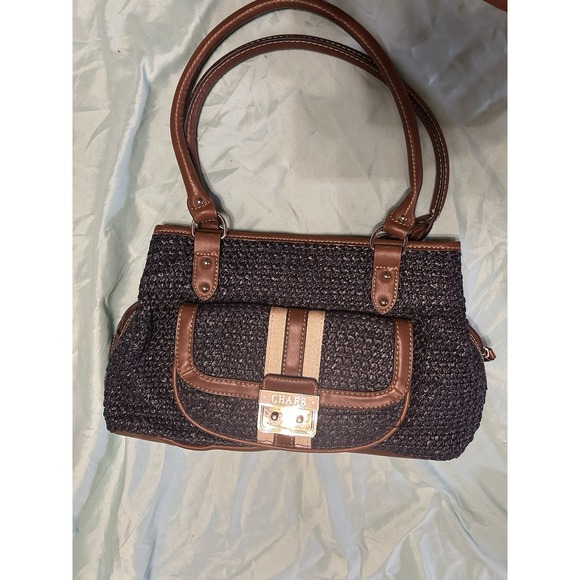 Chaps Handbags - Chaps‎ Marcie Triple Satchel Navy Woven Straw Faux Leather Shoulder Bag 1